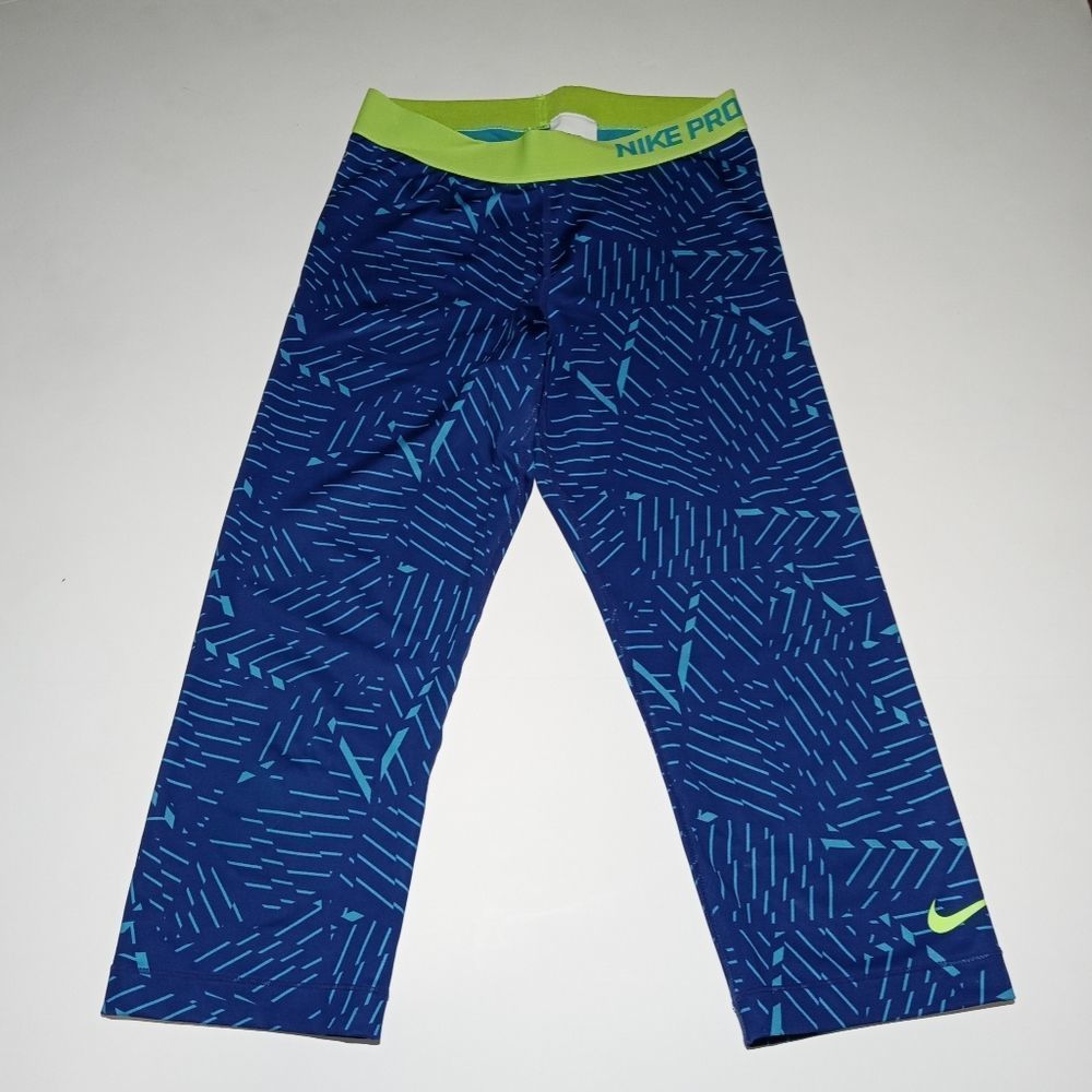 Nike pro cropped leggings blue geo pattern medium